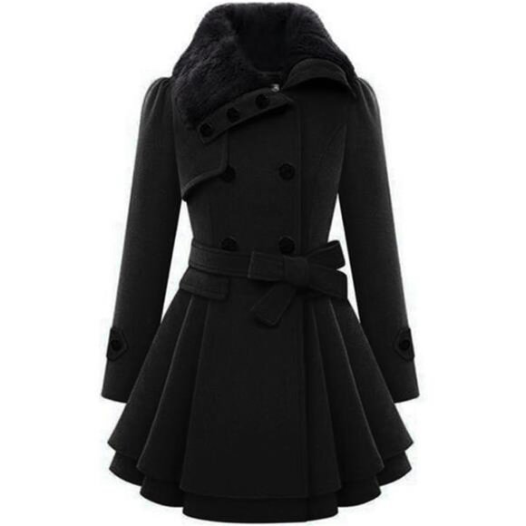 Women's Fashion Faux Fur Lapel Double-Breasted Thick Wool Trench Coat Winter - Picture 6 of 6